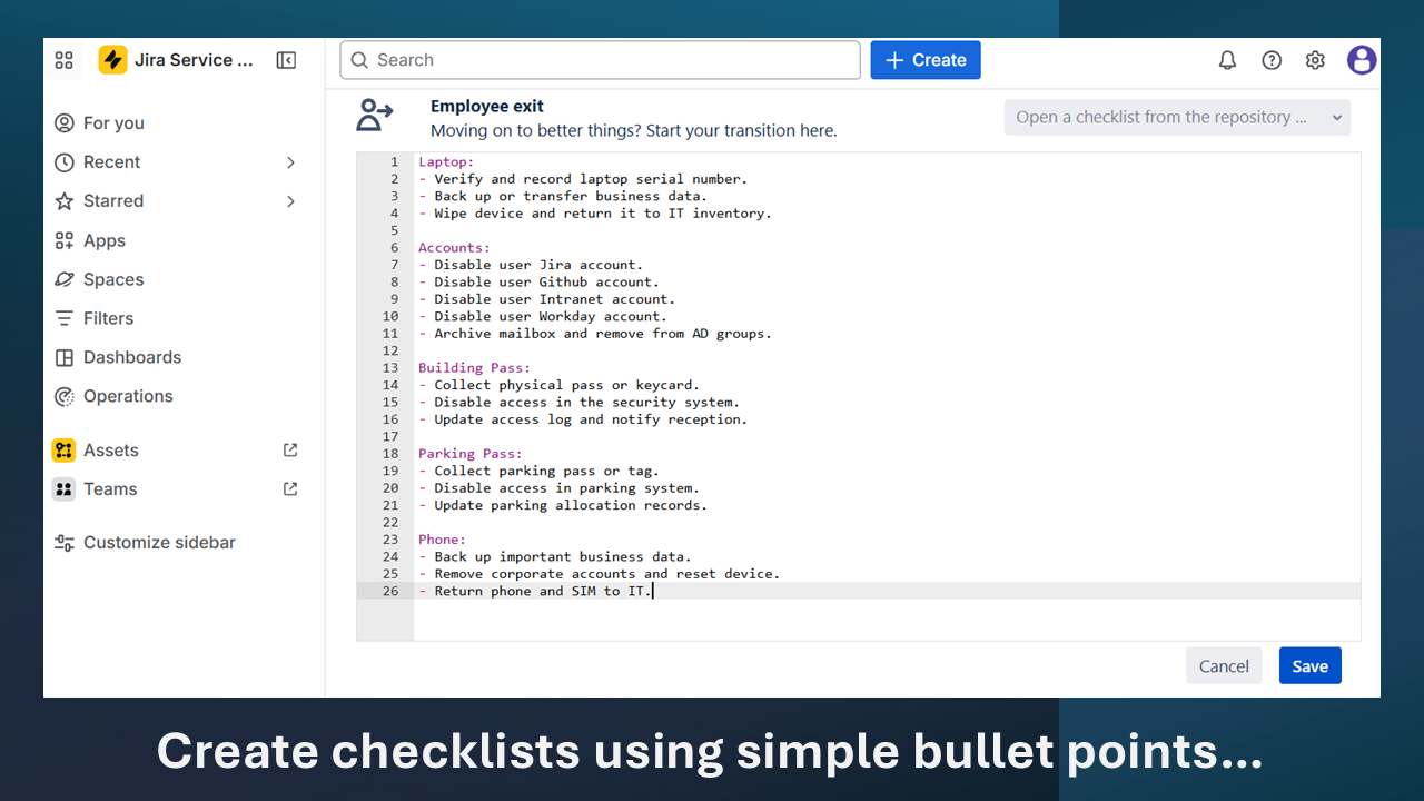 Create onboarding checklists in Jira using simple bullet steps